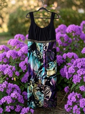 Roz & Ali Black Maxi Dress with Teal, Purple & Yellow Abstract Print